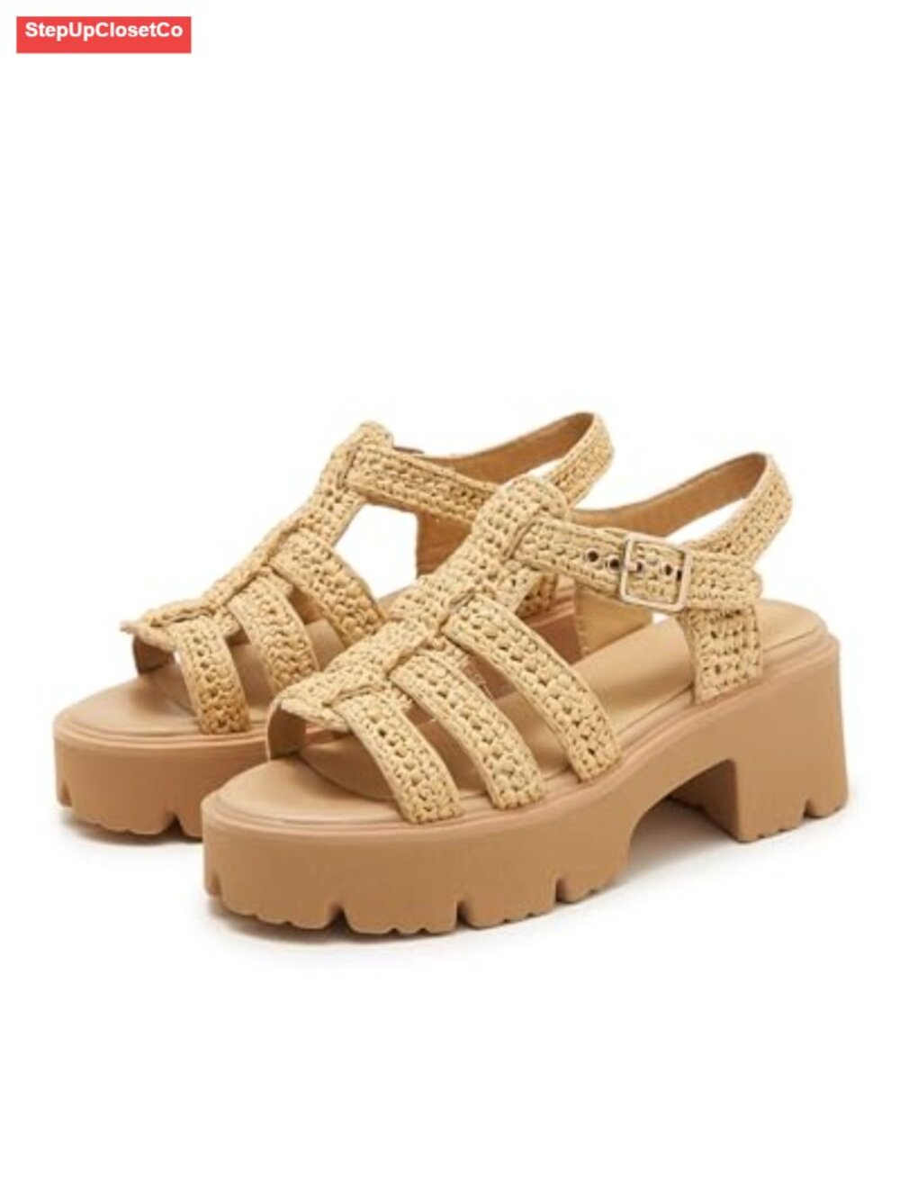 Woven Raffia Fisherman Platform Sandals with Buckle Strap, Lug Sole